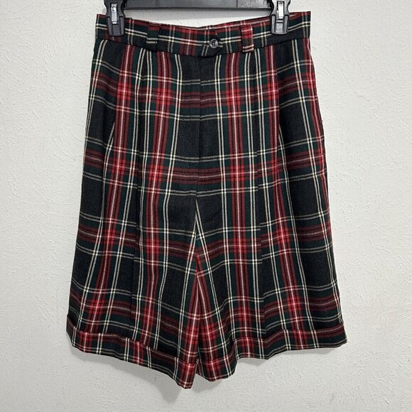 Vintage 90s Talbots High Waisted Red Tartan Plaid Wool Shorts Long Length Size 8 - Picture 1 of 8